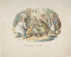 Küchenpersonal (recto), Gebirgslandschaft mit Wanderer (verso), 1837-64 von John Leech