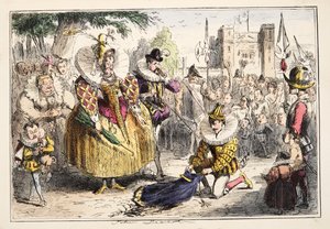 Königin Elisabeth und Sir Walter Raleigh, aus The Comic History of England, veröffentlicht 1864 (handkolorierte Radierung) von John Leech
