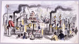 Ansicht des Hyde Parks, die das Aufkommen der Dampflokomotive satirisch darstellt, London, ca. 1850 von John Leech