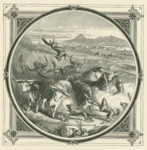 Wenn der Wolf kommt, hören die Ochsen auf zu kämpfen, um sich zur Selbstverteidigung zu vereinen (Stich) von John Leighton