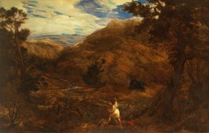 Weitläufige bergige Waldlandschaft mit David und dem Löwen