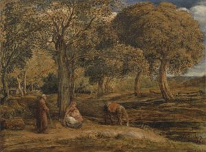 Landschaft mit Familiengruppe, möglicherweise Die Rast auf der Flucht nach Ägypten von John Linnell