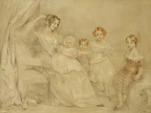 Porträt von Mrs. W.S. Fry und ihren vier Kindern: Emma, Willy, Julie und Georgina, sitzend in einem Innenraum, 1840