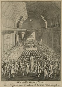 Ansicht des Hauses der Peers mit dem König auf dem Thron, die Commons anwesend von John Lodge