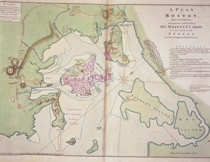 Plan von Boston und seiner Umgebung, der die Position der britischen Streitkräfte und der amerikanischen Rebellen zeigt, gezeichnet im Oktober 1775, gedruckt in 