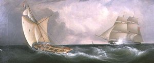 Ein französischer Kutter passiert eine britische Fregatte