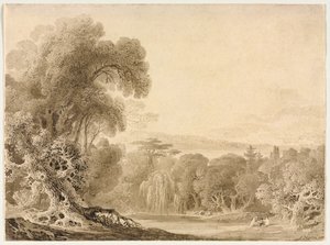 Figuren, die an einem See in einer bewaldeten Landschaft sitzen von John Martin
