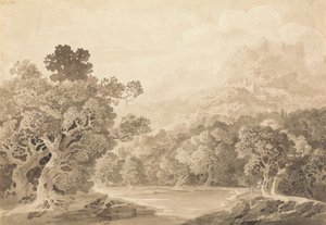 Bewaldetes Flussufer, Hügelstadt und Berggipfel in der Ferne