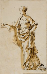 Stehende weibliche Figur mit erhobener rechter Hand von John Michael Rysbrack