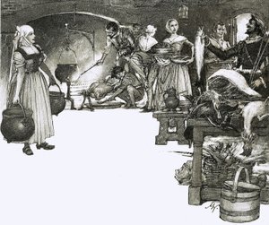 Kochen über offenem Feuer in einer elisabethanischen Küche von John Millar Watt