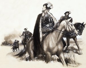 Unidentifizierte Königin verlässt eine rauchende Stadt unter Eskorte von John Millar Watt