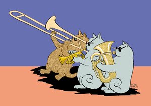 Karikatur von drei Katzen mit Sonnenbrillen, die Posaune, Trompete und Tuba spielen