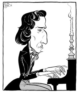 Fryderyk Chopin - Karikatur des polnischen Komponisten und Pianisten am Klavier