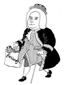 Georg Friedrich - George Frideric Handel, Karikatur des deutschen (später englischen) Komponisten mit Union Jack Hut und Harrods Tasche
