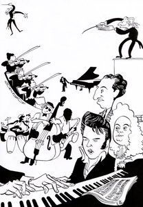 Musik Fantasie - Cover für Musikbuch oder Artikel - mit Dirigenten, Musikern, Instrumenten, Violine, Schlagzeug, Kontrabass, Saxophon, Klavier, Partitur, Elvis, Bach von John Minnion