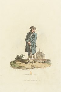 England - Platte 12. Ein Greenwich-Pensionär mit Holzbein, der sich auf einen Stock stützt
