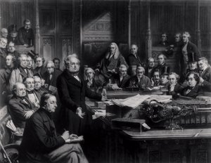 Das Unterhaus im Jahr 1860: Lord Palmerston spricht das Haus während der Debatte über den Vertrag mit Frankreich an, graviert von Falkner, 1863