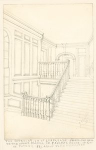 Fortsetzung der Treppe, vom Saal zu den oberen Stockwerken, Fairfax House, High Street, Putney, 1887 von John Phillipp Emslie