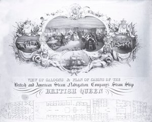 Ansicht der Salons und Plan der Kabinen des Dampfschiffs British Queen, ca. 1839 (Lithografie) von John R. Isaac