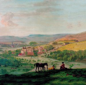 Eine Ansicht von Haddon Hall im 18. Jahrhundert mit dem Dorf Bakewell im Hintergrund