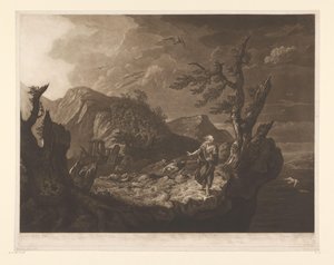 Stürmische Landschaft mit Barde am Rand einer Klippe