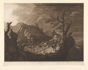 Stürmische Landschaft mit Barde am Rand einer Klippe von John Raphael Smith