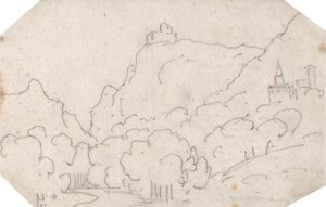 Bergblick mit Gebäuden von John Robert Cozens
