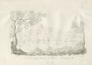 Stafford Castle - Ostansicht: Feder- und Sepia-Zeichnung