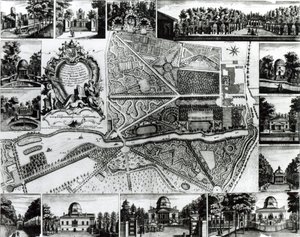 Plan des Gartens und Ansicht der Häuser in Chiswick am Thames