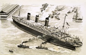 Der Dampfer Leviathan wird von Schleppern zu einem Pier im Hafen von New York gelotst von John S. Smith