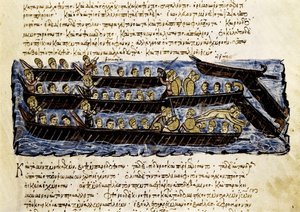 Eine russische Flotte, Miniatur aus "Synopsis historiarum", ca. 1126-1150