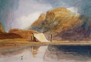 Ein bergiger See mit einem Zelt am Ufer von John Sell Cotman