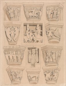Kapitäle und A & B Basreliefs in der Abteikirche Saint Georges de Bocherville, nahe Rouen, Normandie von John Sell Cotman
