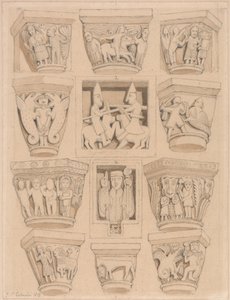 Kapitelle und A & B Basreliefs in der Abteikirche von Saint Georges de Bocherville, in der Nähe von Rouen, Normandie von John Sell Cotman
