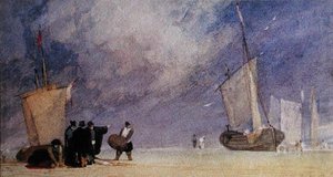 Figuren am Ufer entladen ein Boot bei Ebbe von John Sell Cotman