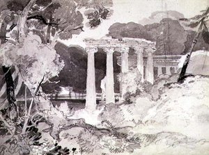 Klassische Kolonnade in einer bewaldeten Landschaft von John Sell Cotman