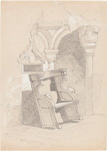 Skizze des Inneren einer zerstörten Kirche mit Stuhl von John Sell Cotman