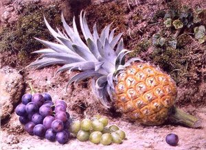 Eine Ananas und Traubenbündel auf einem moosigen Ufer von John Sherrin