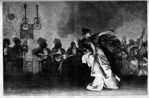 El Jaleo - Zigeunertänze. Gitarristen und Flamencotänzerin. Gravur nach dem Gemälde von John Singer Sargent (1856-1925) in „Die illustrierte Welt“ Nr. 1335 vom 28. Oktober von John Singer (after) Sargent