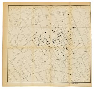 Eine Karte aus "Über die Art der Übertragung der Cholera", 1855 von John Snow