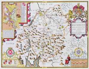 Die Grafschaft Westmorland, graviert von Jodocus Hondius (1563-1612) aus John Speeds Theatre of the Empire of Great Britain, veröffentlicht von John Sudbury und George Humble, 1611-12 von John Speed