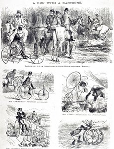 Eine Karikatur, die einen Mann zeigt, der auf einem Dreirad jagt. Illustriert von John Tenniel (1820-1914), ein englischer Illustrator, Grafikhumorist und politischer Karikaturist