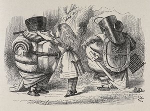Alice zieht Tweedledee und Tweedledum an
