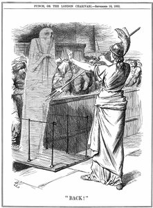 Britannia hält Cholera an britischen Häfen zurück. Beim Ausbruch von 1892 starben etwa 260.000 in Russland und 7.600 in Hamburg. Die Epidemie wurde in Großbritannien verhindert. John Tenniel Karikatur aus Punch London, 10. September 1892. von John Tenniel