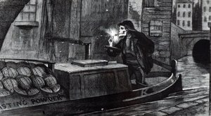 Wahlkampfkarikatur von John Tenniel, die vorschlägt, dass das Parlament Sicherheitsvorschriften für den Umgang und Transport von Sprengstoffen einführen sollte, nach der Zerstörung eines mit Schießpulver beladenen Lastkahns auf dem Regent