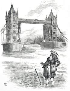 Karikatur von Vater Thames, der die Tower Bridge in London bewundert von John Tenniel