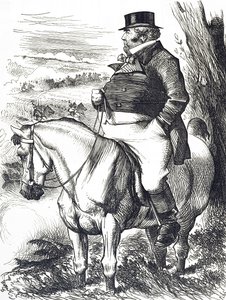 Karikatur, die John Bull zeigt, wie er Herbstmanöver beobachtet