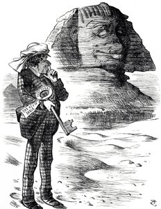 Karikatur, die Premierminister Benjamin Disraeli zeigt, wie er den Suezkanal als Schlüssel zum britischen Besitz und Einfluss in Indien hält von John Tenniel