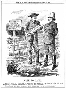 Cecil John Rhodes bittet den deutschen Kaiser um Erlaubnis, eine Telegrafenleitung durch Deutsch-Ostafrika zu verlegen. Cape To Cairo, Karikatur von John Tenniel aus 