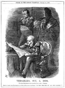 Deutsch-Französischer Krieg 1870-1871: Schatten von Ludwig XIV. und Napoleon I. beklagen das Verblassen des Ruhms Frankreichs. Am 5. Oktober 1870 machte Wilhelm I., König von Preußen, Versailles zu seinem Hauptquartier, und am 18. Januar wurde er im Spiege